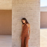 Pantalón Voile café bordado