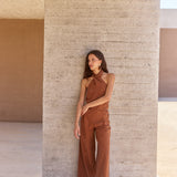 Pantalón Voile café bordado