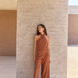 Pantalón Voile café bordado